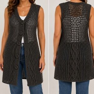 Hazel Gray Crochet Long Vest Cardigan‎ Medium Boho Cable Knit Button Layer